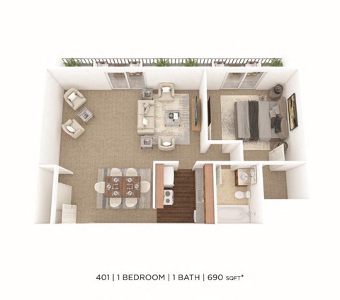 Floor plan for 1 bed, 1 bath, 690 sqft