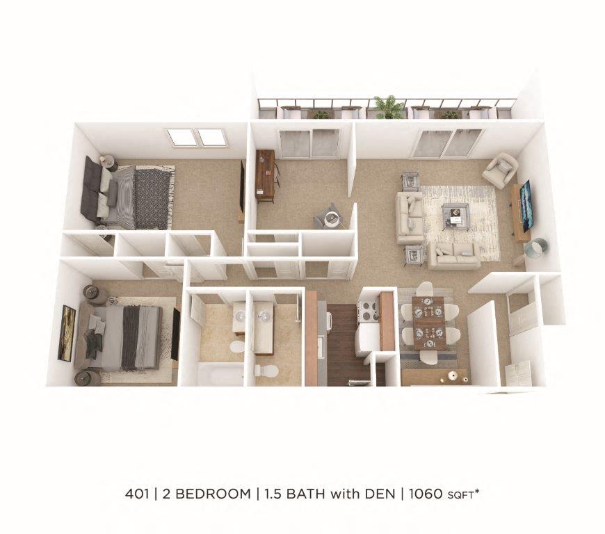 Floor plan for 2 beds, 1.5 baths, 1060 sqft