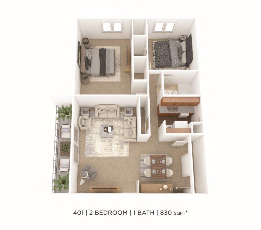 Floor plan for 2 beds, 1 bath, 830 sqft