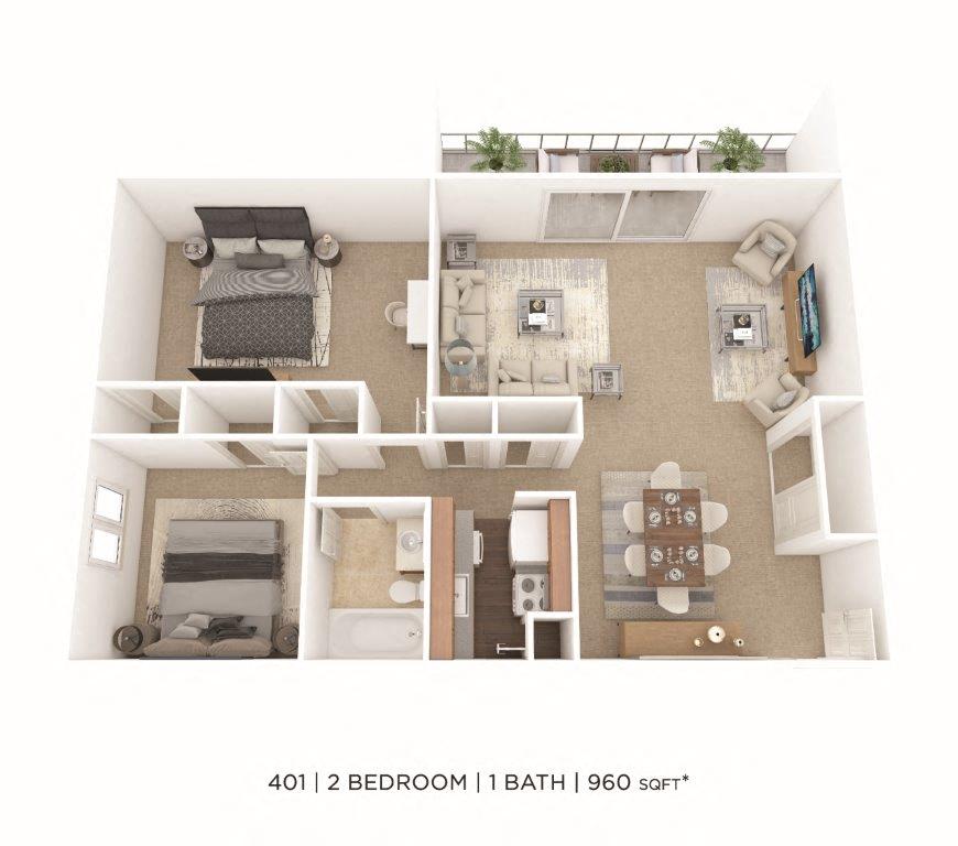 Floor plan for 2 beds, 1 bath, 960 sqft