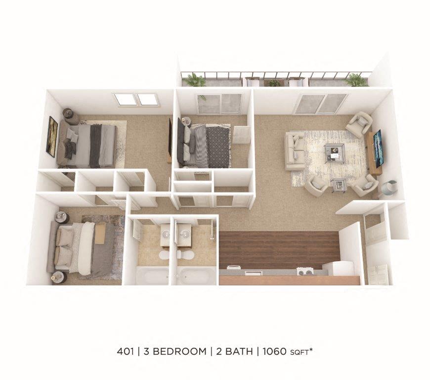 Floor plan for 3 beds, 2 baths, 1060 sqft