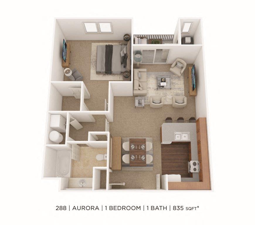 Floor plan for 1 bed, 1 bath, 835 sqft
