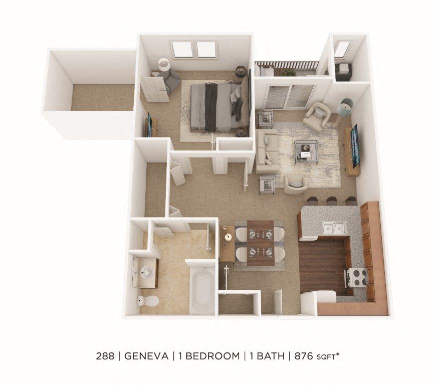 Floor plan for 1 bed, 1 bath, 876 sqft