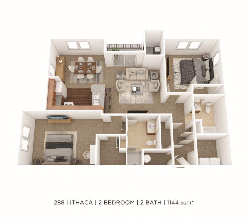 Floor plan for 2 beds, 2 baths, 1144 sqft