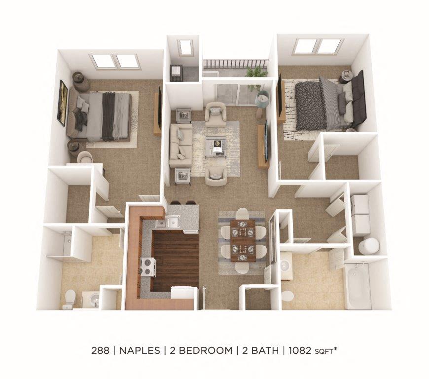 Floor plan for 2 beds, 2 baths, 1082 sqft