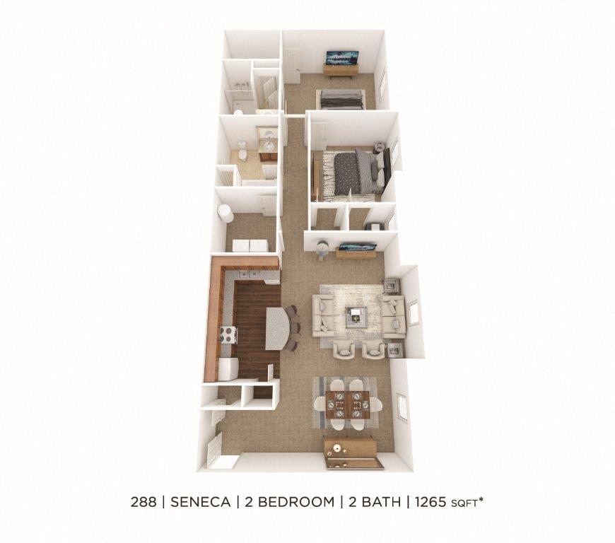 Floor plan for 2 beds, 2 baths, 1265 sqft