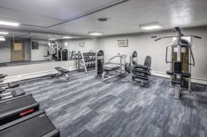 Oakwood Village apartment for rent - A gym with a variety of equipment including a treadmill, weights, and a bench press.