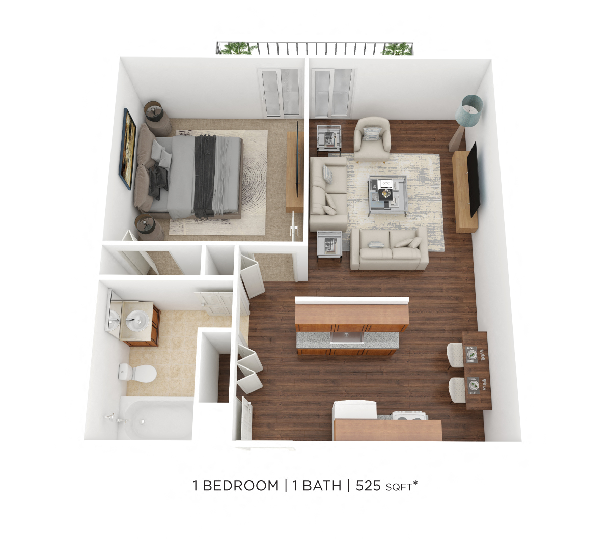 Floor plan for 1 bed, 1 bath, 525 sqft
