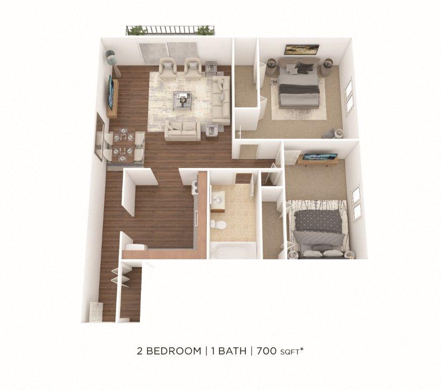 Floor plan for 2 beds, 1 bath, 700 sqft