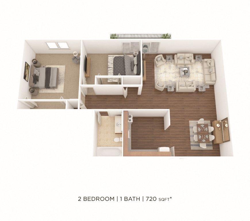 Floor plan for 2 beds, 1 bath, 720 sqft