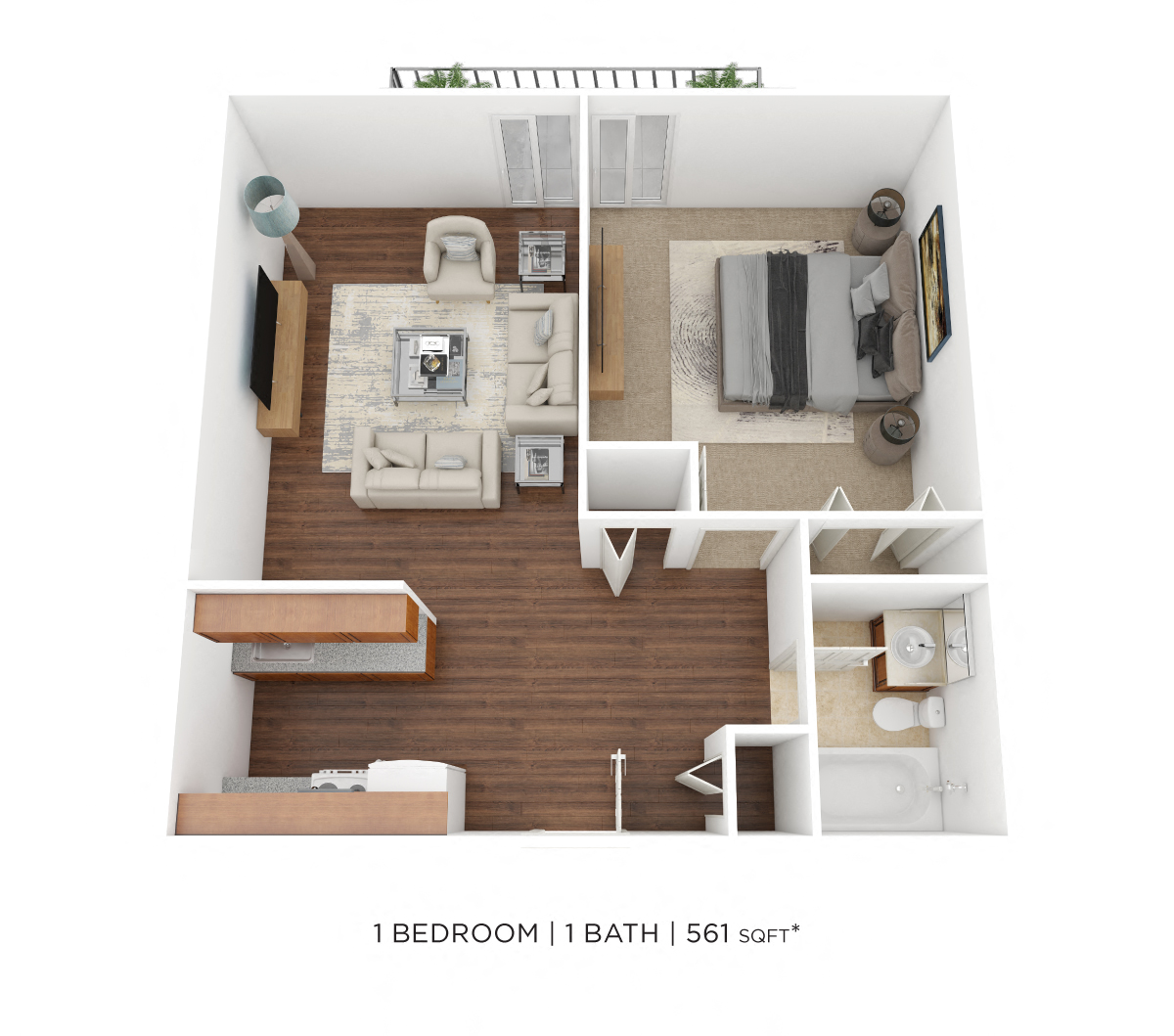 Floor plan for 1 bed, 1 bath, 561 sqft