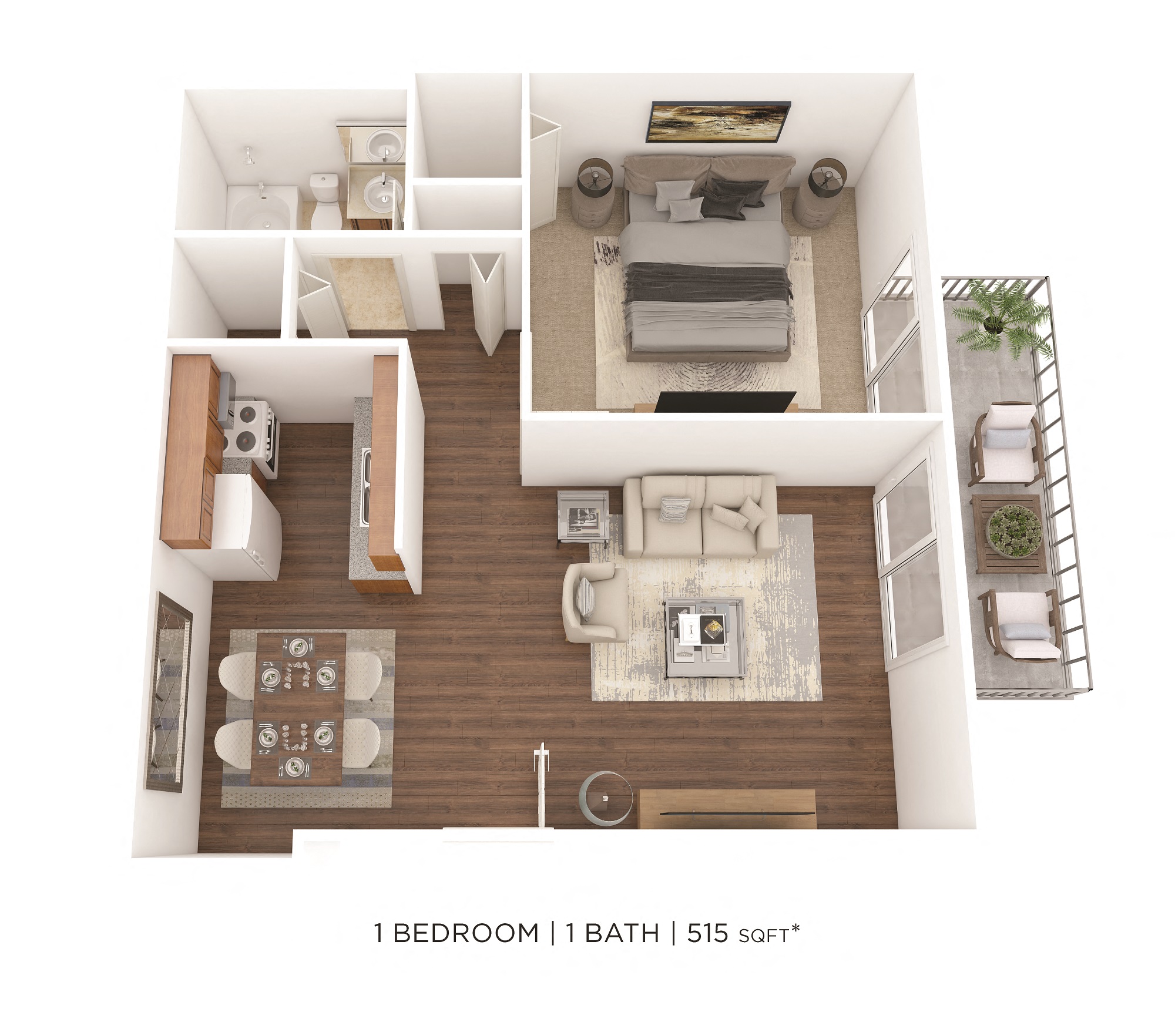 Floor plan for 1 bed, 1 bath, 550 sqft