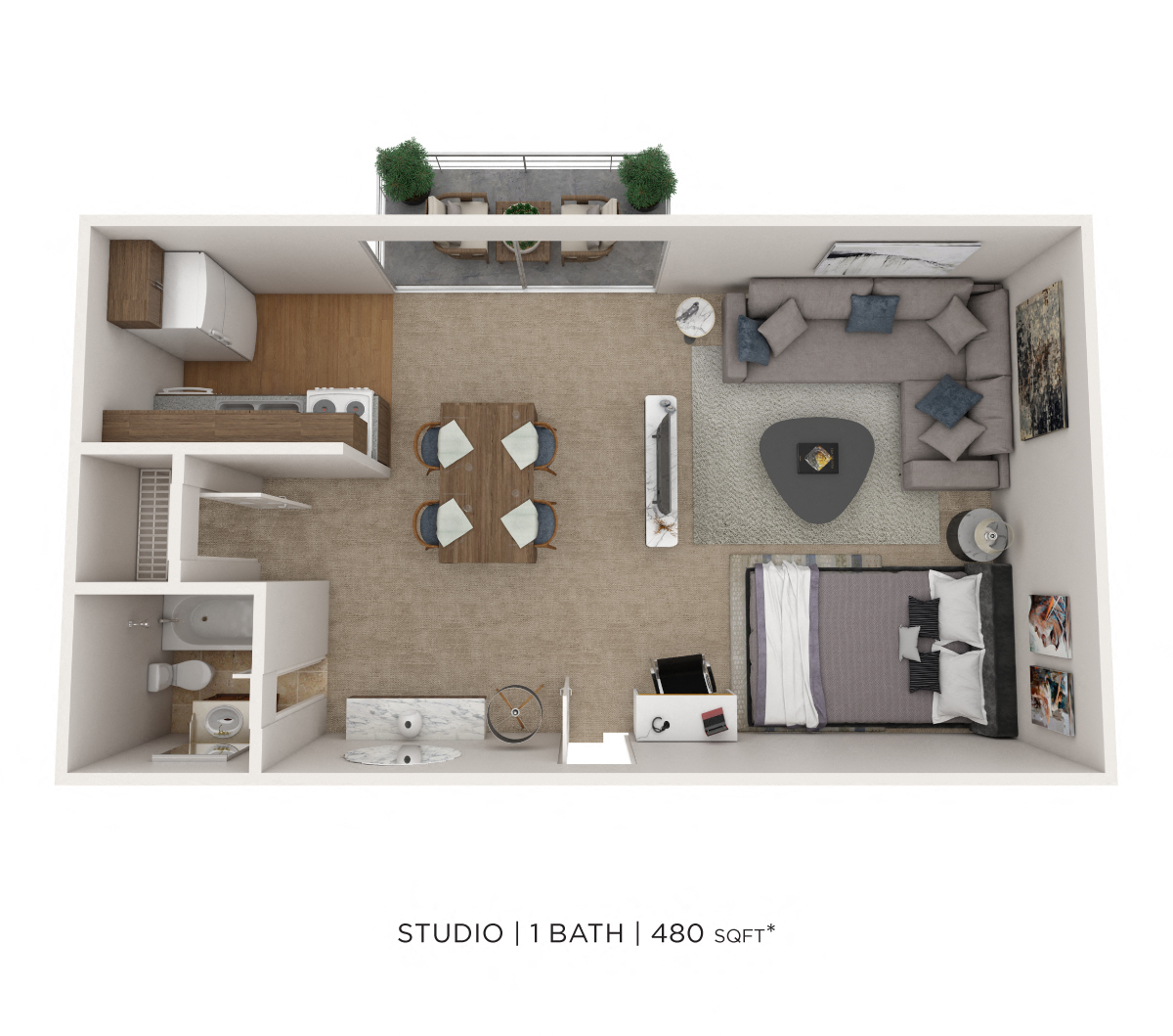 Floor plan for studio, 1 bath, 480 sqft