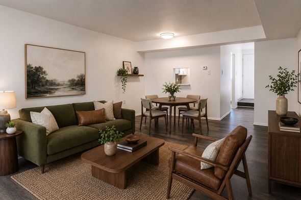 Pittsburgh townhouse for rent - A living room with a green couch, brown chair, and a painting on the wall.