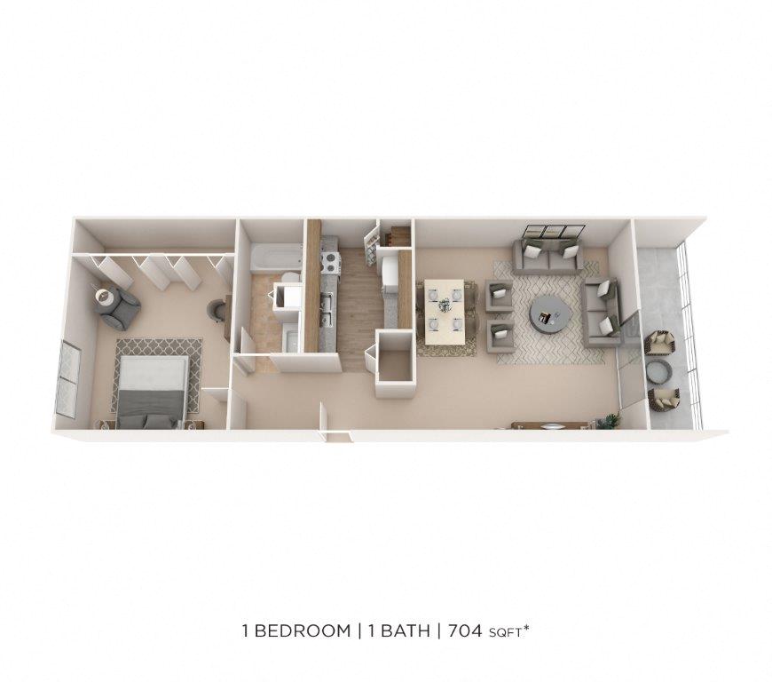 Floor plan for 1 bed, 1 bath, 704 sqft