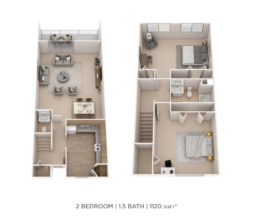 Floor plan for 2 beds, 1.5 baths, 1120 sqft