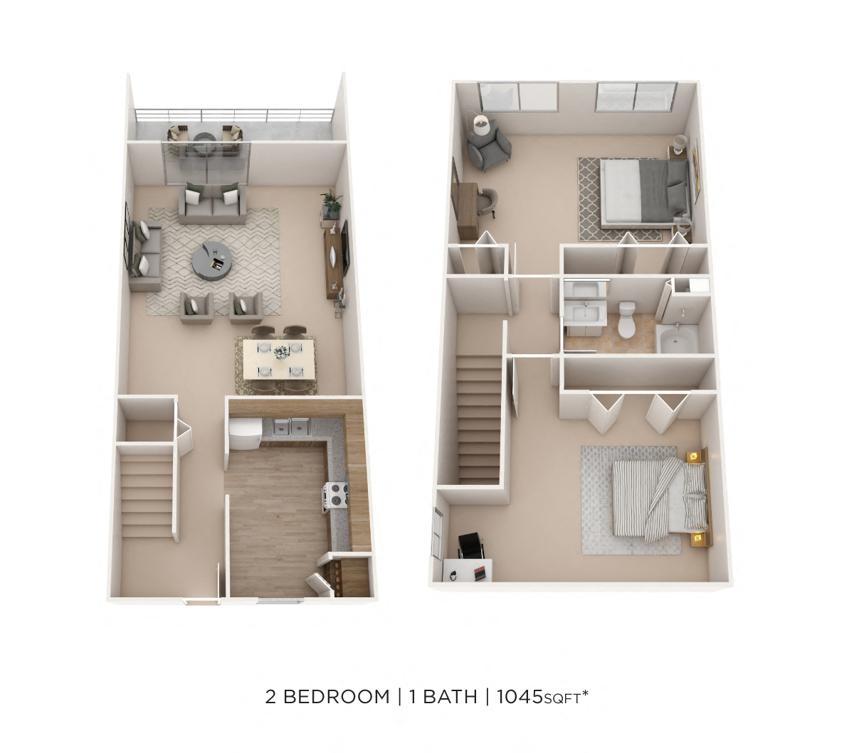 Floor plan for 2 beds, 1 bath, 1045 sqft