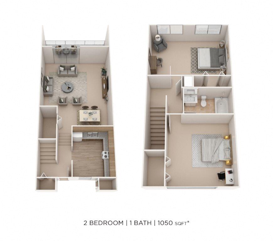 Floor plan for 2 beds, 1 bath, 1050 sqft