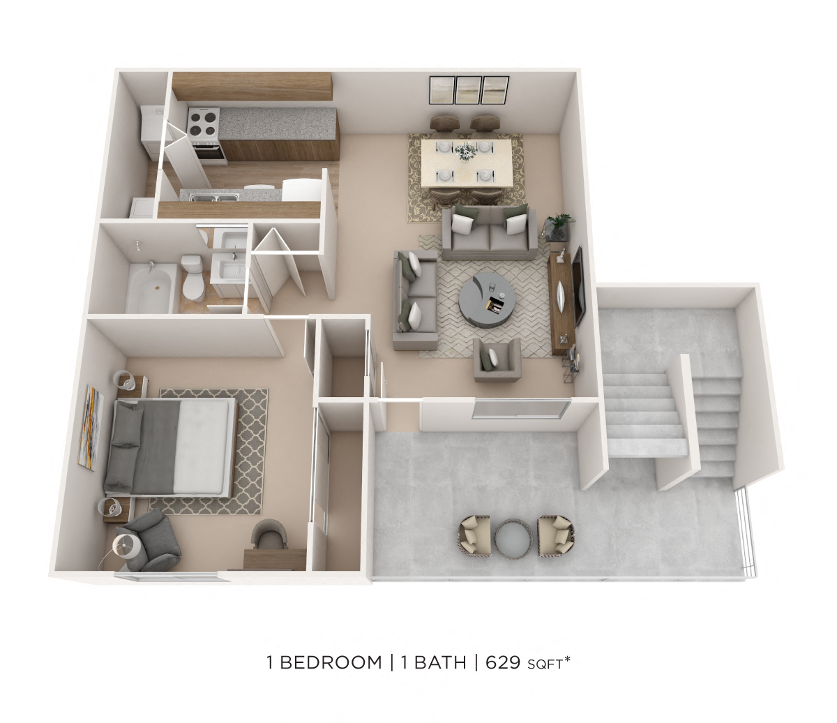Floor plan for 1 bed, 1 bath, 629 sqft