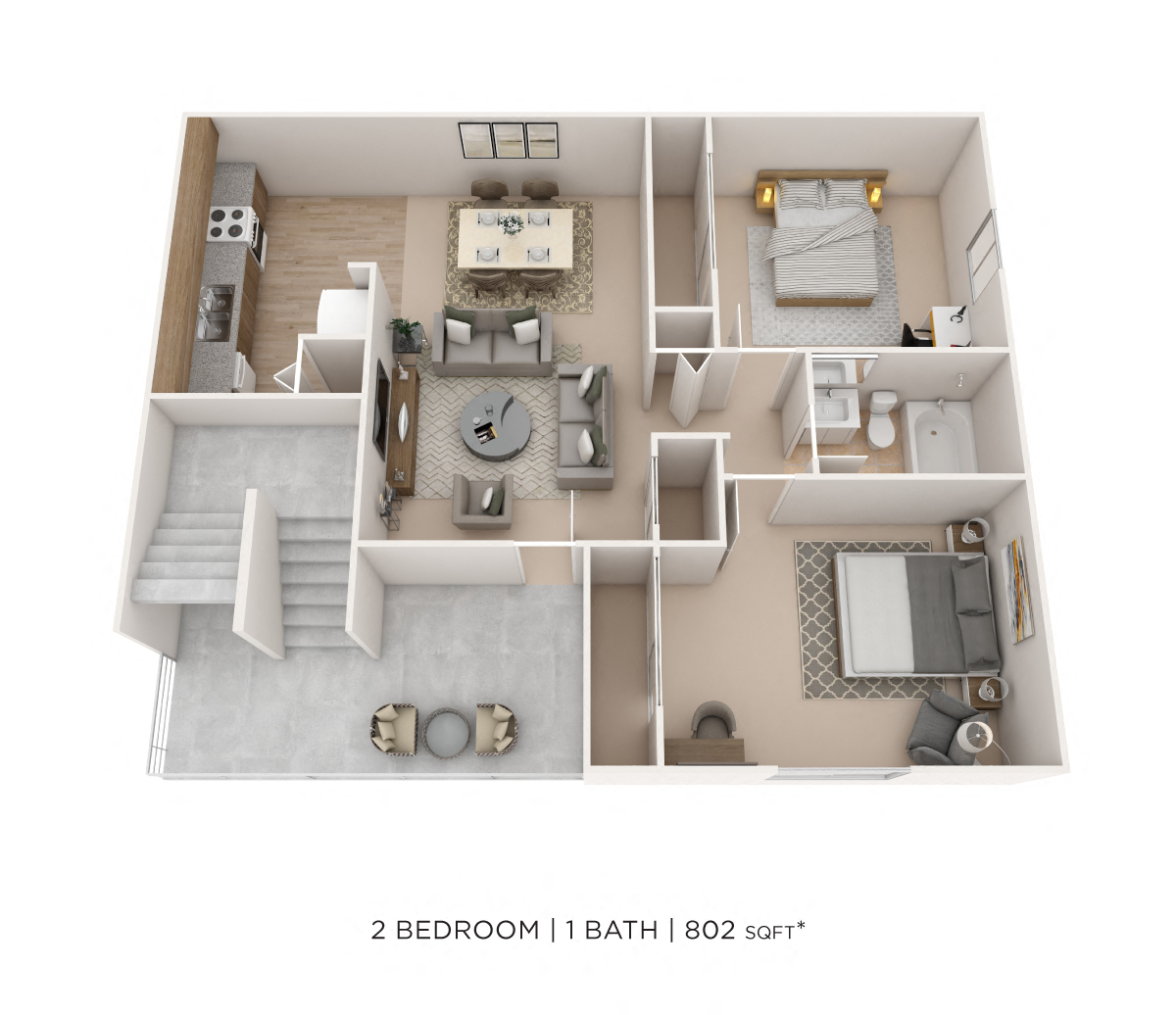 Floor plan for 2 beds, 1 bath, 802 sqft