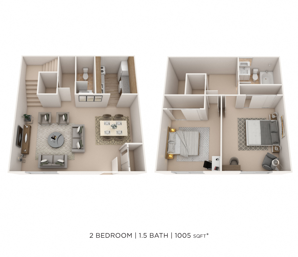 Floor plan for 2 beds, 1.5 baths, 1005 sqft