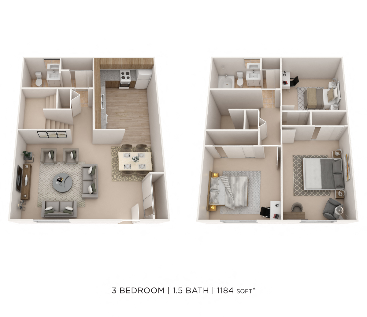Floor plan for 3 beds, 1.5 baths, 1184 sqft