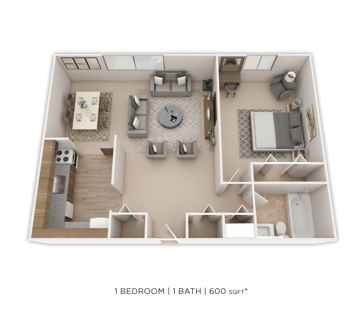 Floor plan for 1 bed, 1 bath, 660 sqft