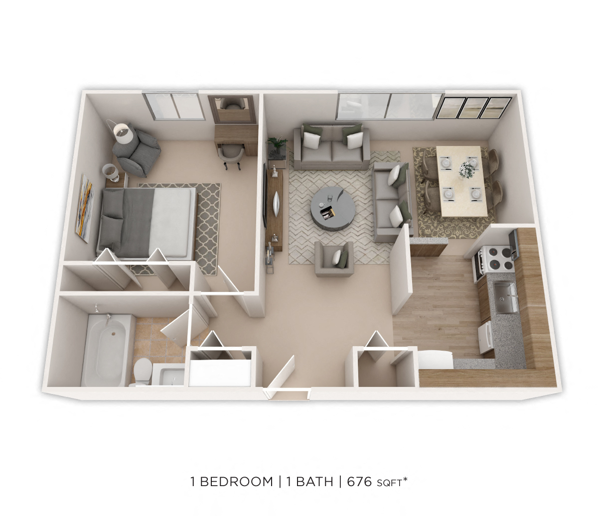 Floor plan for 1 bed, 1 bath, 676 sqft