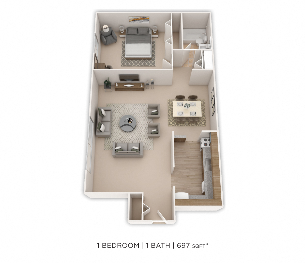 Floor plan for 1 bed, 1 bath, 693 sqft