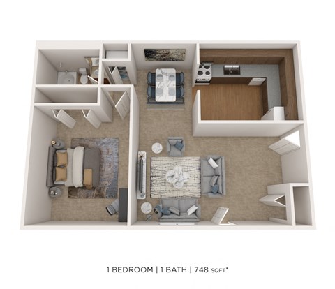 Floor plan for 1 bed, 1 bath, 748 sqft