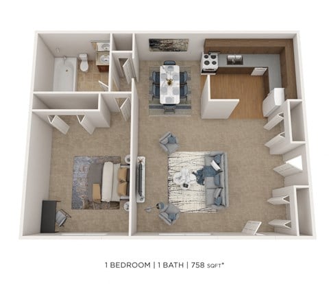 Floor plan for 1 bed, 1 bath, 758 sqft