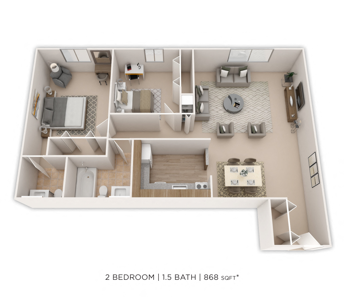 Floor plan for 2 beds, 1.5 baths, 868 sqft