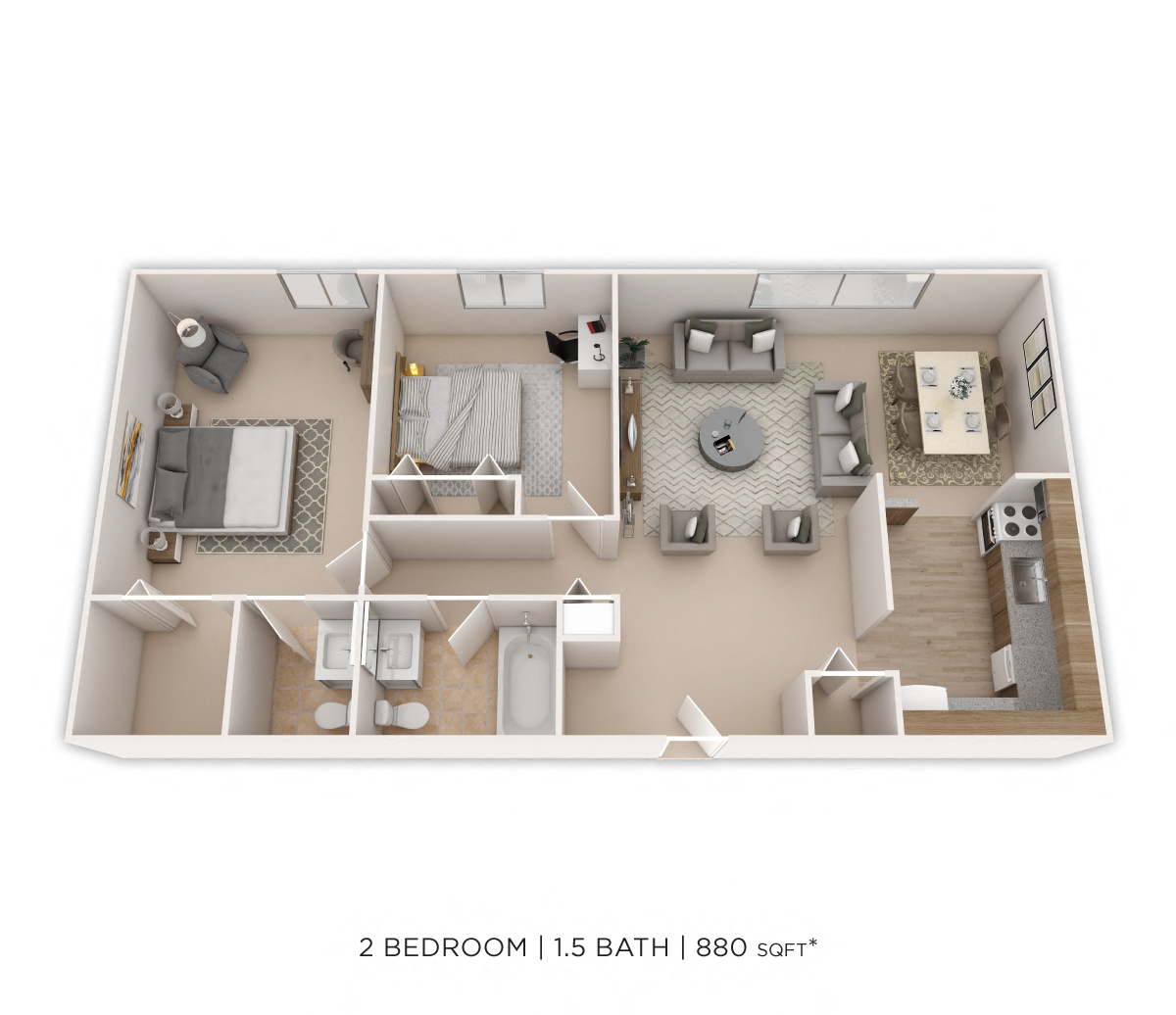 Floor plan for 2 beds, 1.5 baths, 880 sqft