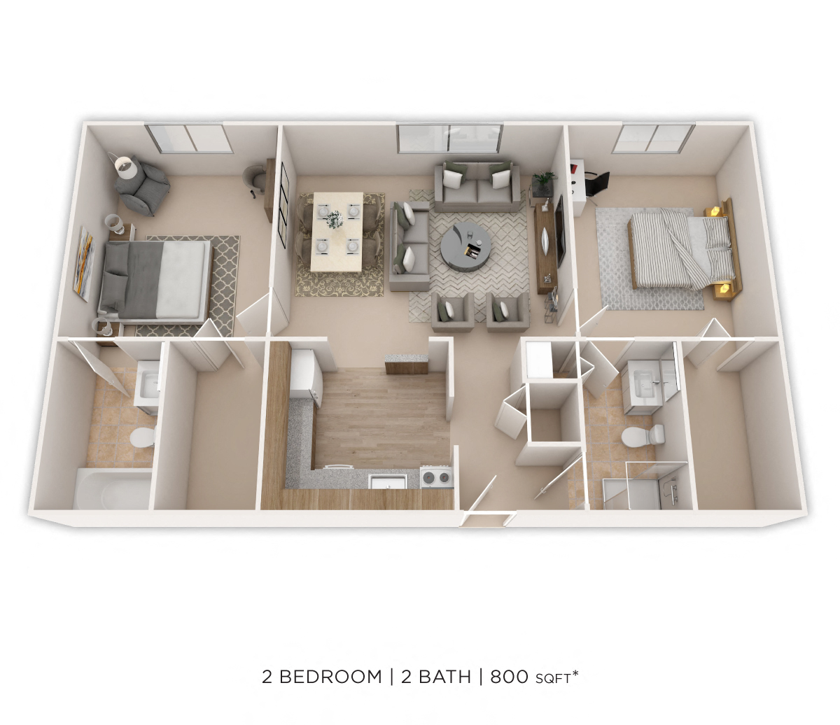 Floor plan for 2 beds, 2 baths, 880 sqft