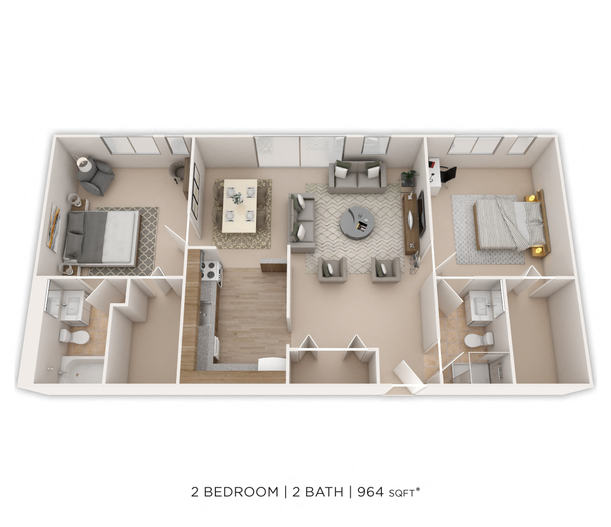 Floor plan for 2 beds, 2 baths, 964 sqft