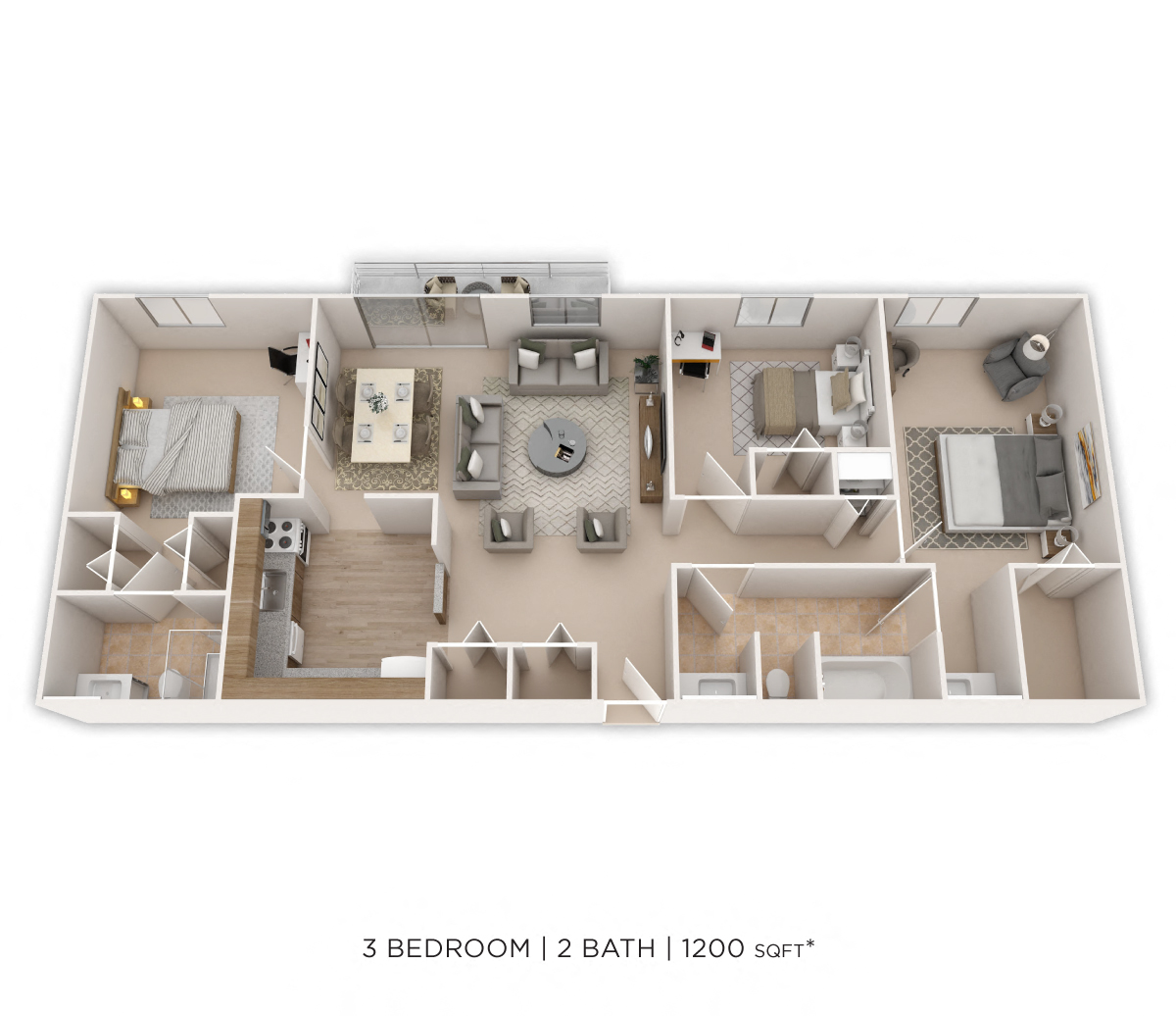 Floor plan for 3 beds, 2 baths, 1200 sqft