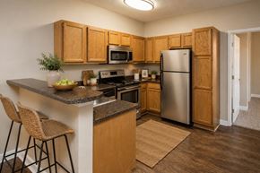 Huntsville apartment for rent - A kitchen with wooden cabinets and a granite countertop.
