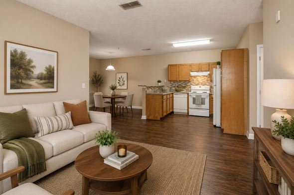 Huntsville apartment for rent - A living room with a couch, a table, and a painting on the wall.