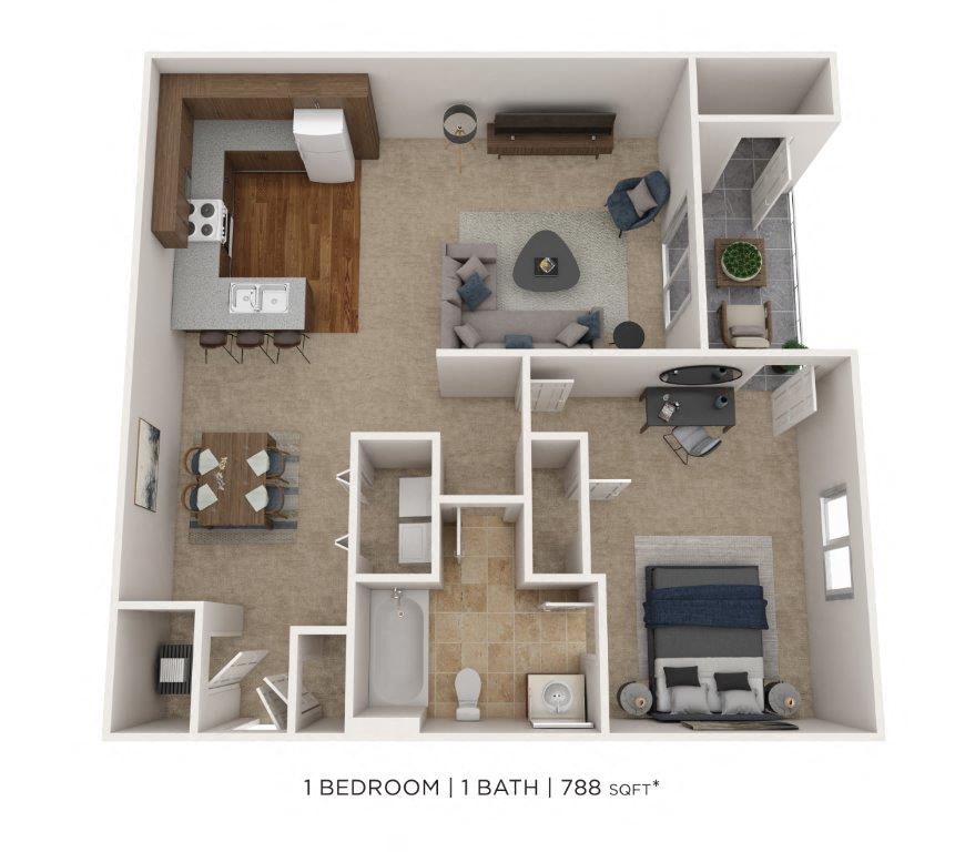 Floor plan for 1 bed, 1 bath, 788 sqft