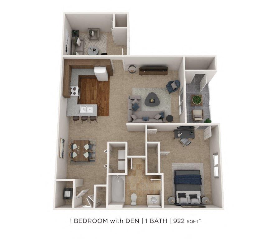 Floor plan for 1 bed, 1 bath, 922 sqft