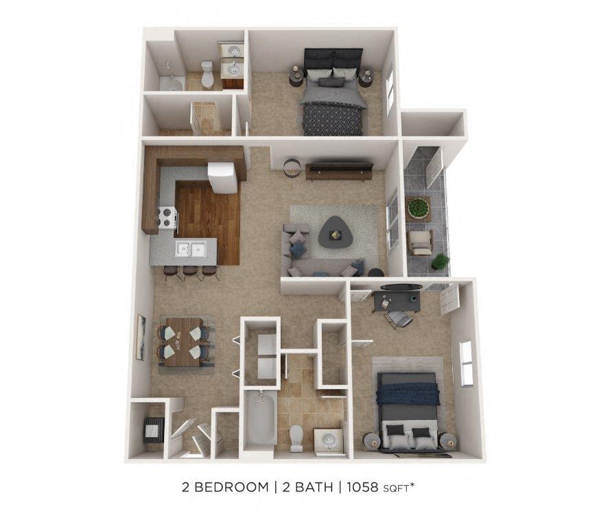 Floor plan for 2 beds, 2 baths, 1058 sqft
