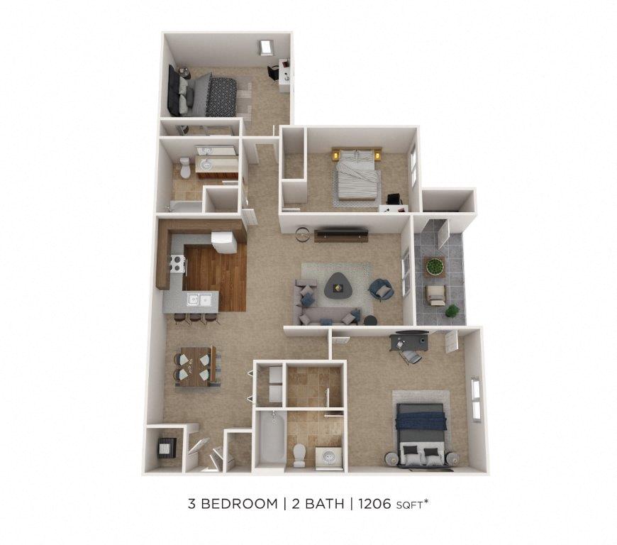 Floor plan for 3 beds, 2 baths, 1206 sqft