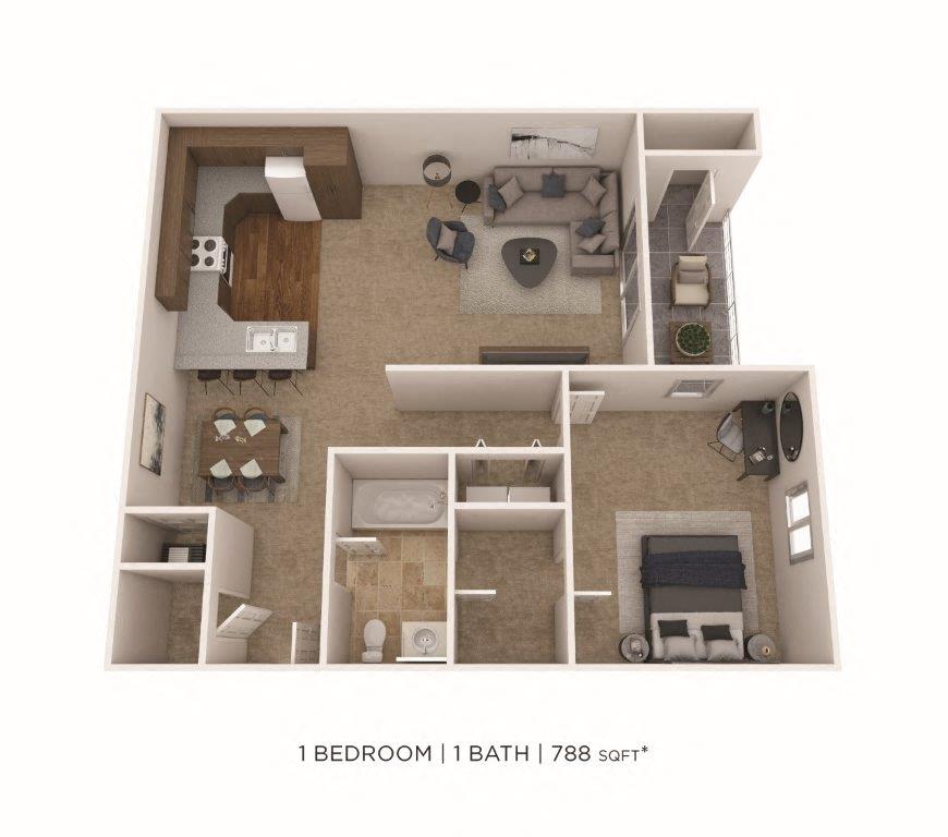 Floor plan for 1 bed, 1 bath, 788 sqft
