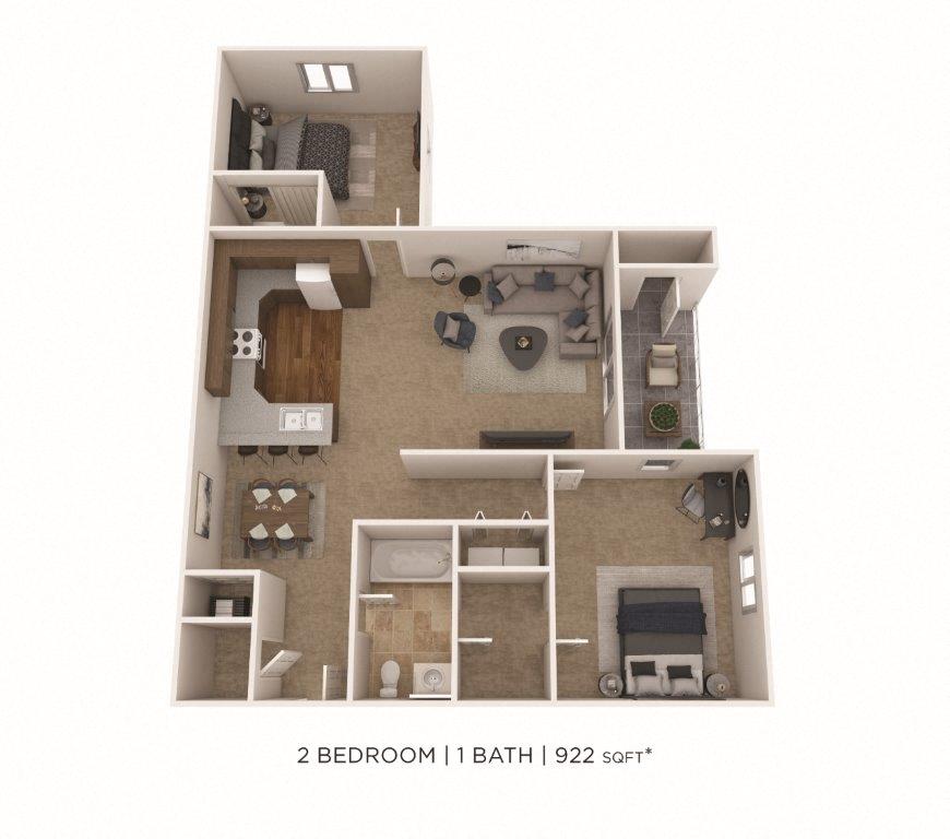 Floor plan for 2 beds, 1 bath, 922 sqft
