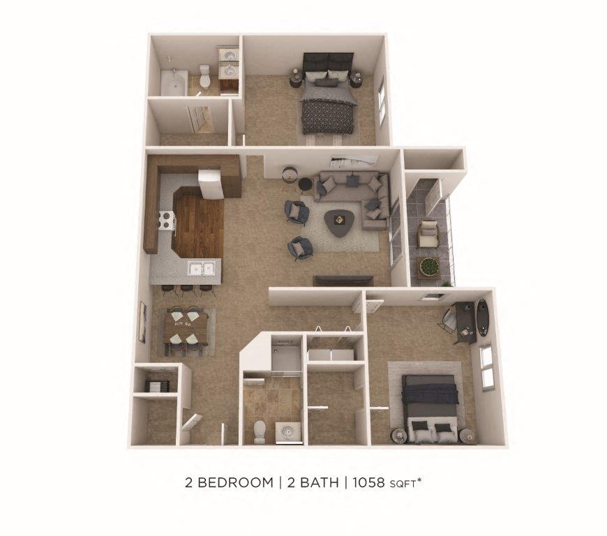 Floor plan for 2 beds, 2 baths, 1058 sqft
