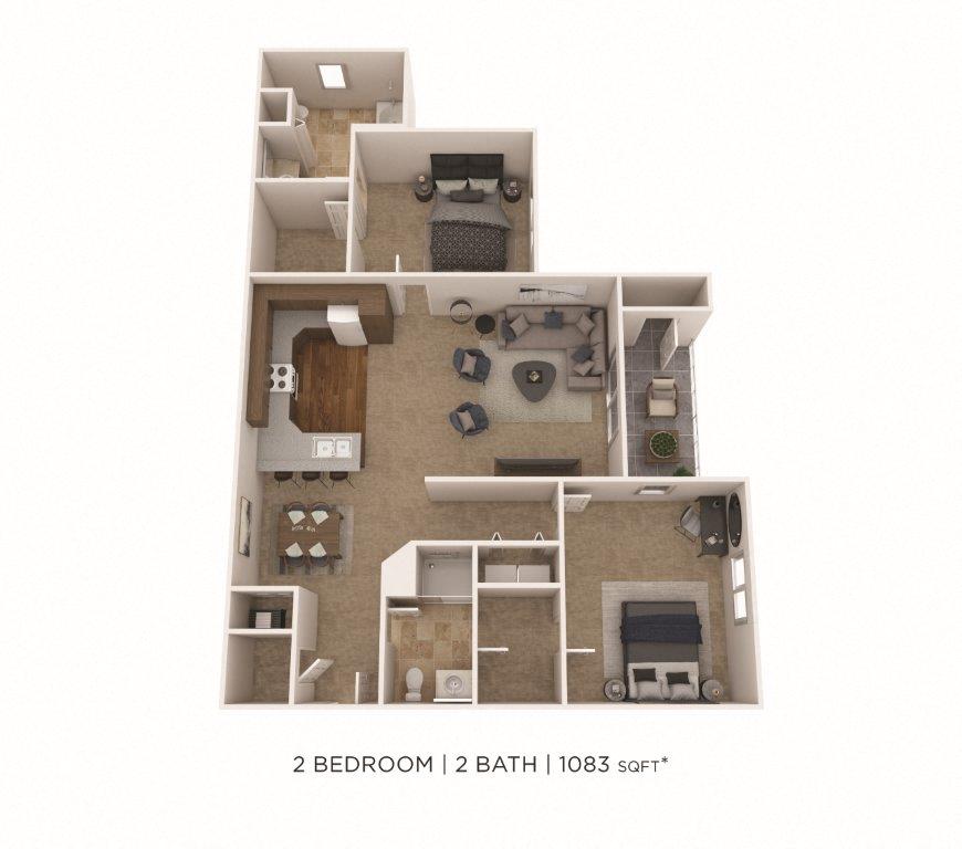 Floor plan for 2 beds, 2 baths, 1083 sqft