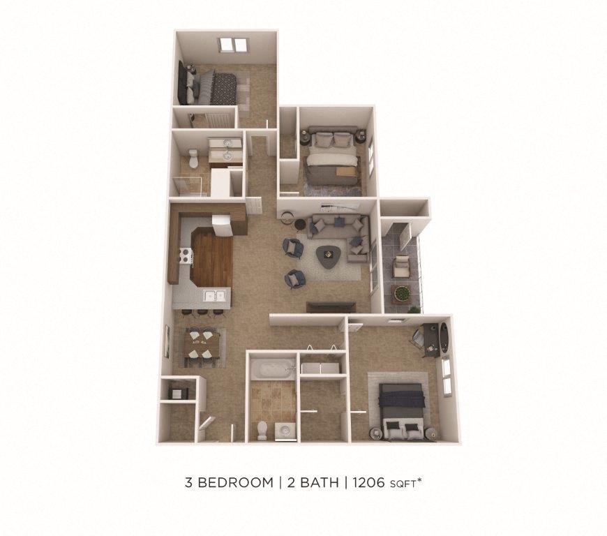 Floor plan for 3 beds, 2 baths, 1206 sqft