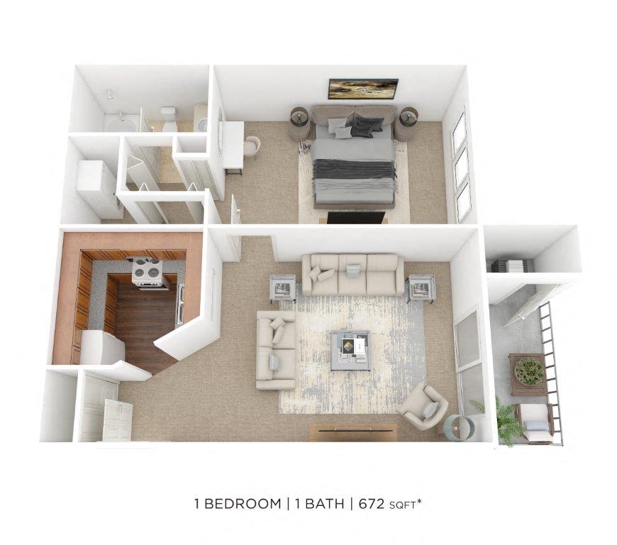 Floor plan for 1 bed, 1 bath, 672 sqft