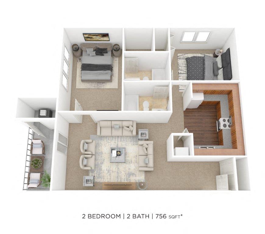 Floor plan for 2 beds, 2 baths, 756 sqft
