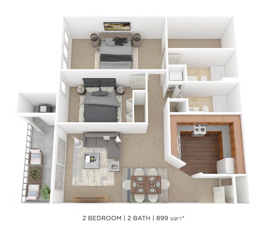 Floor plan for 2 beds, 2 baths, 899 sqft